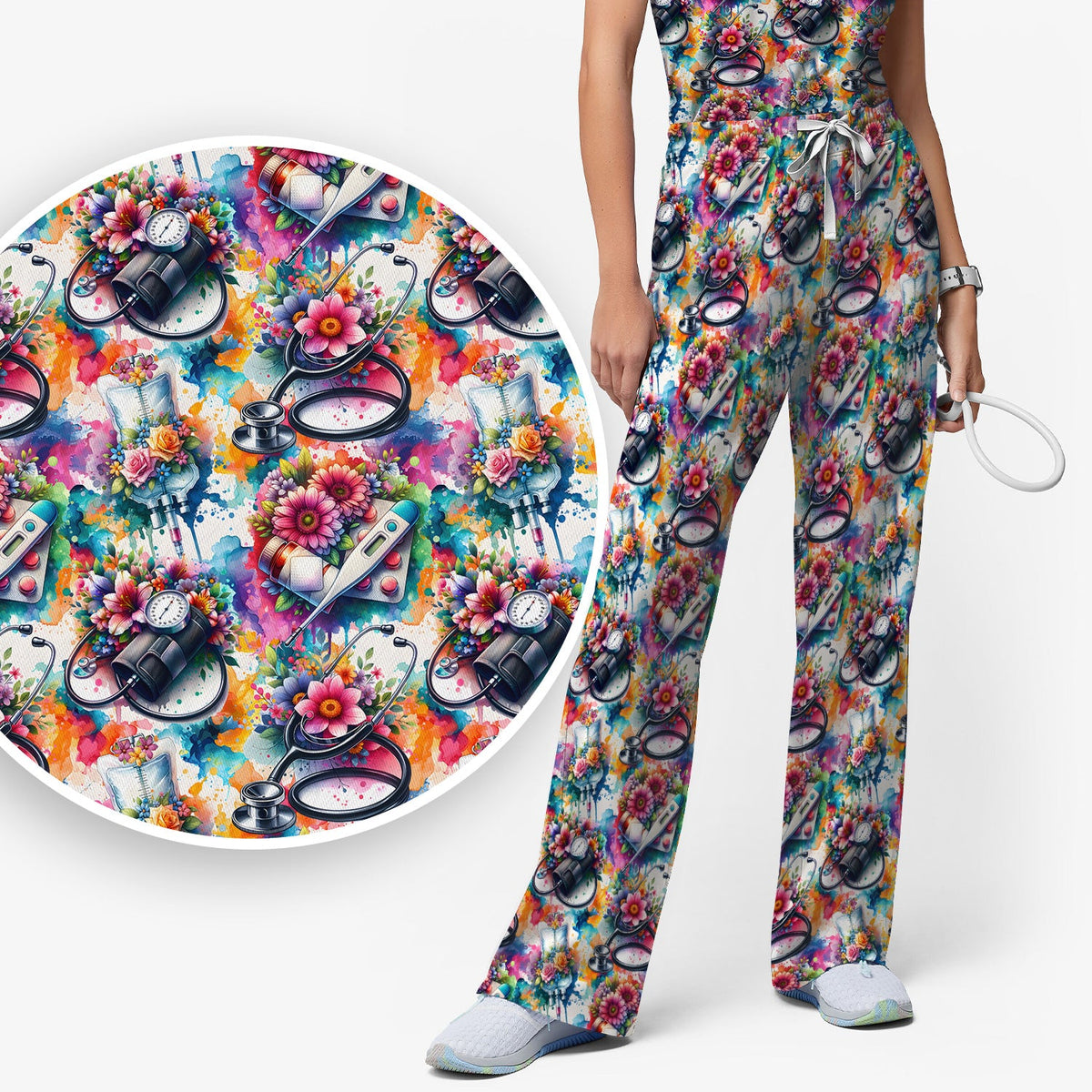 Colorful Medical Tools Floral Nurse Scrub Set
