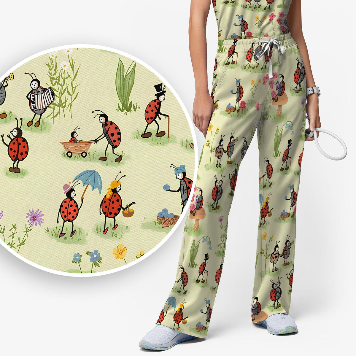Whimsical Ladybug Garden Activity Nurse Scrub Set