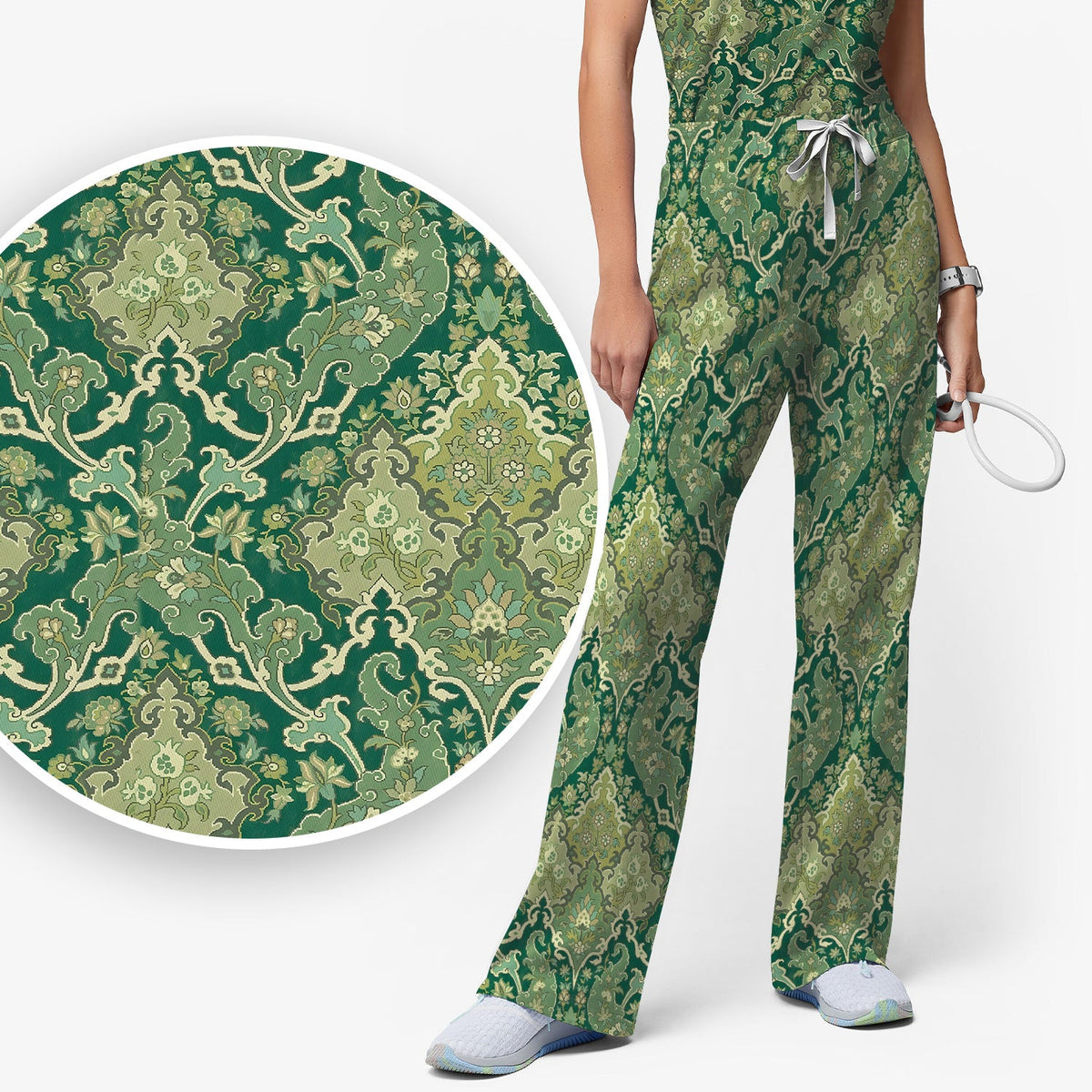 Green Vintage Damask Ornamental Nurse Scrub Set