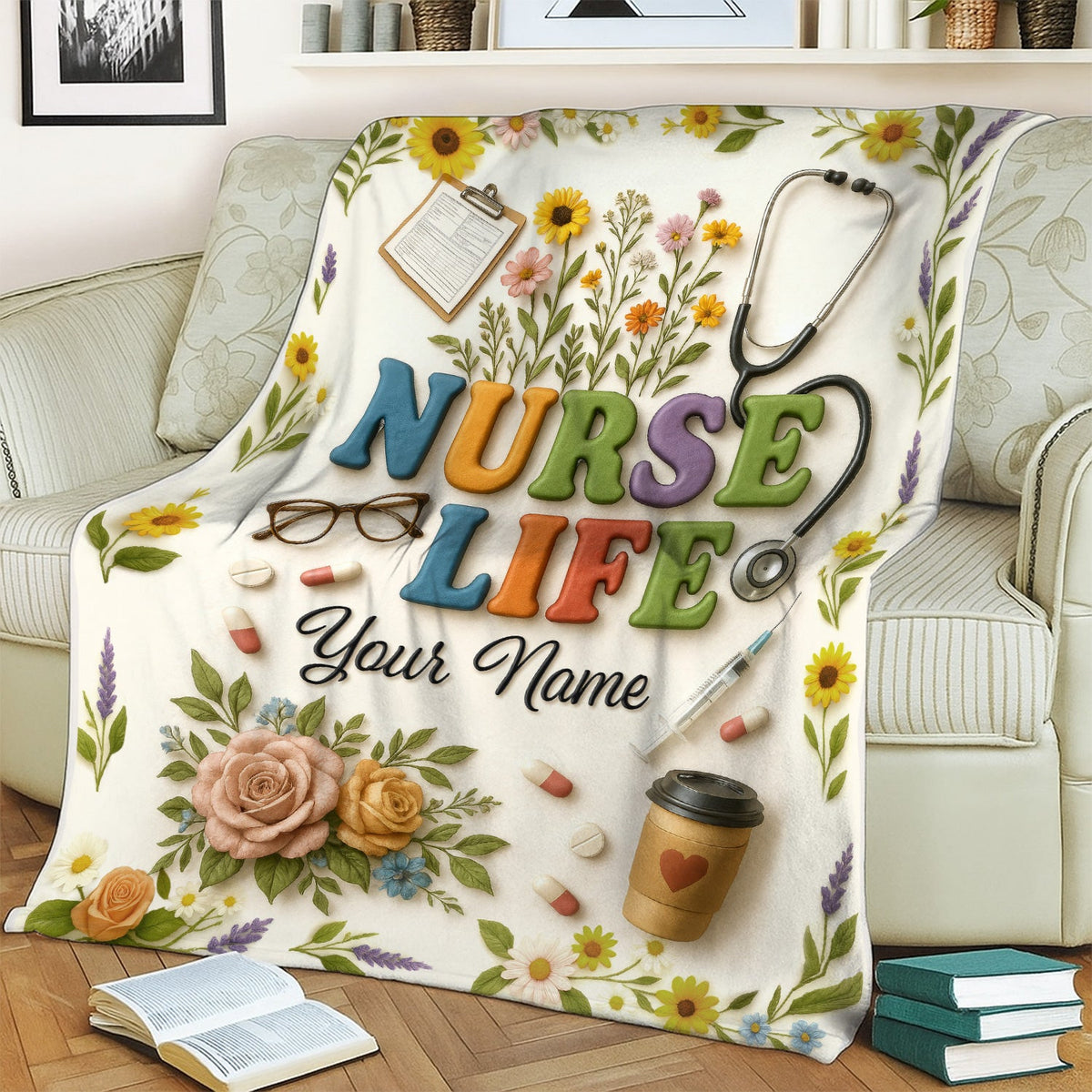 Personalized Stethoscope Pills Flowers Nurse Blanket