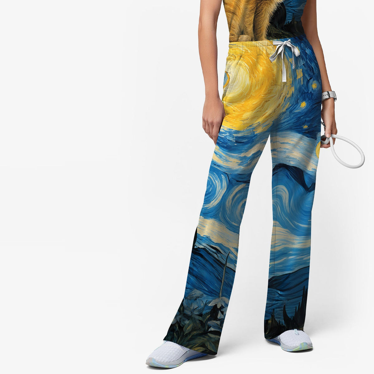 Swirling Moonlit Cat Scene Nurse Scrub Set