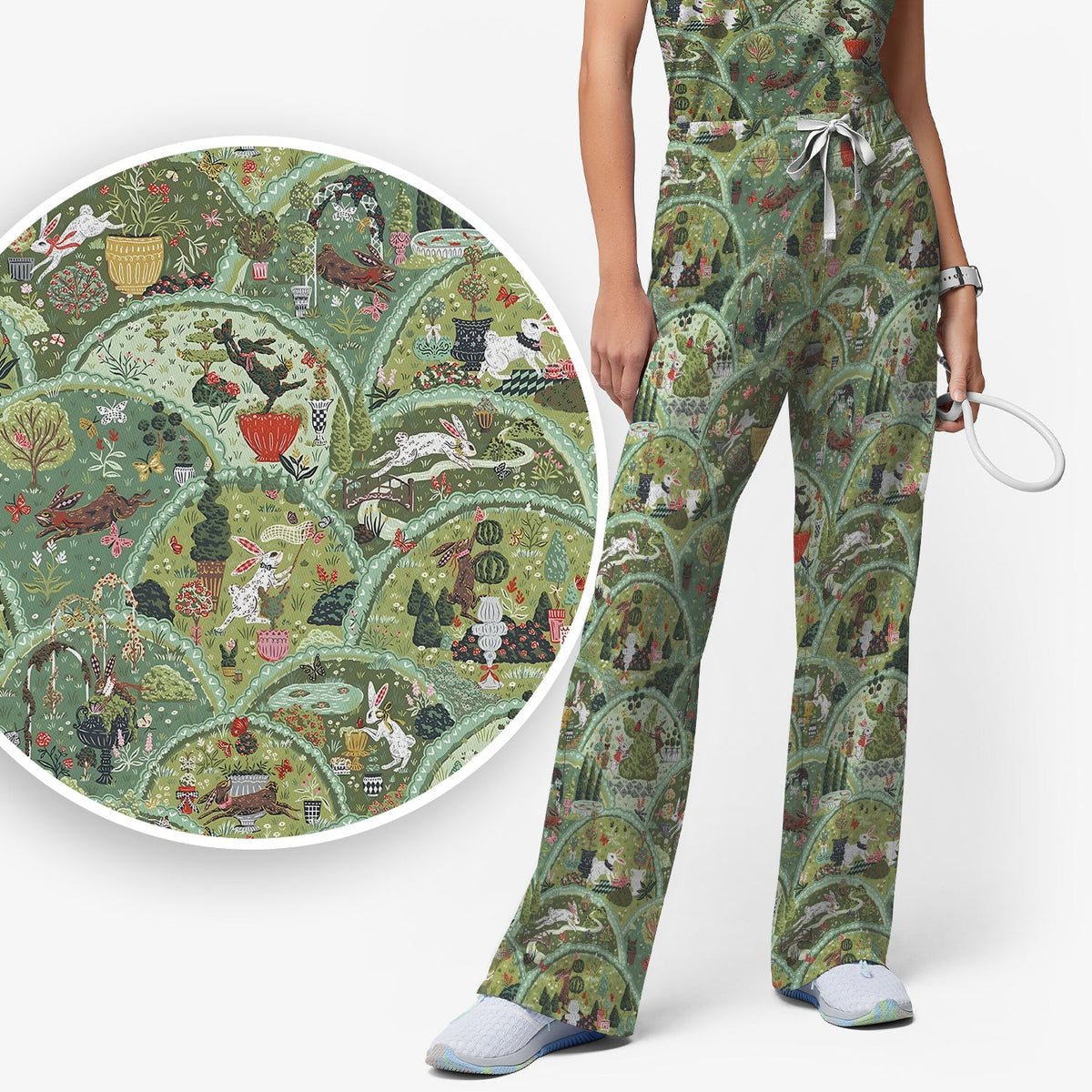 Whimsical Garden Scene Rabbit Nurse Scrub Set