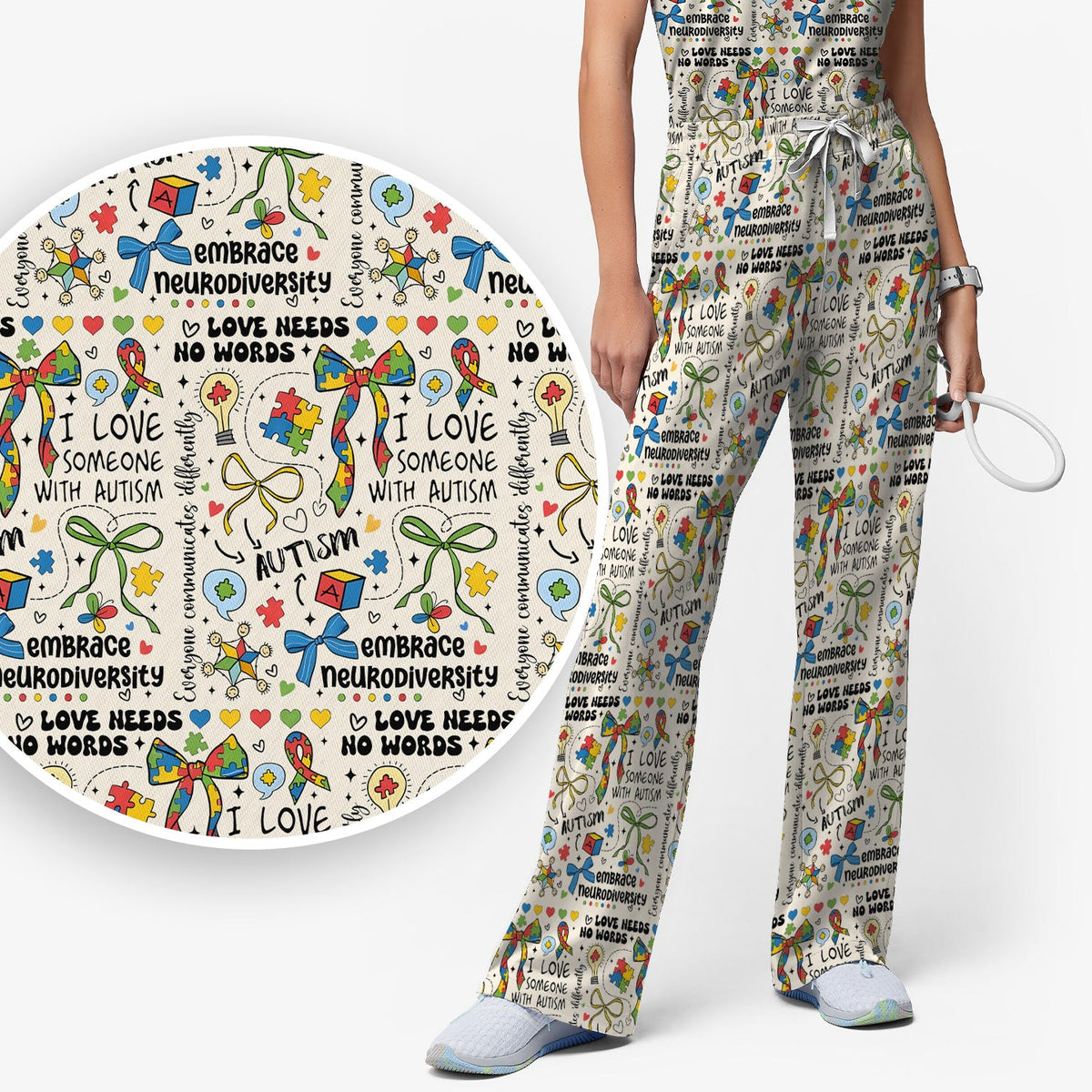 Autism Awareness Puzzle Ribbon Pastel Nurse Scrub Set