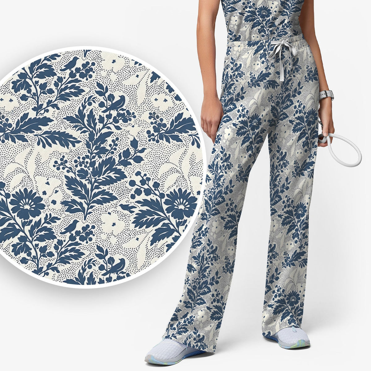 Cute Blue Floral Botanical Nurse Scrub Set