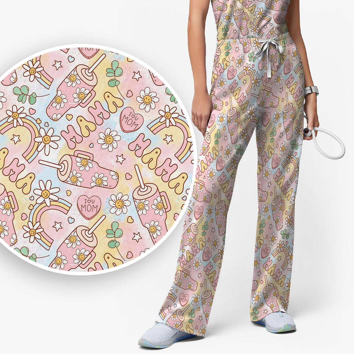 Sweet Nurse Mama Daisy Rainbow Scrub Set