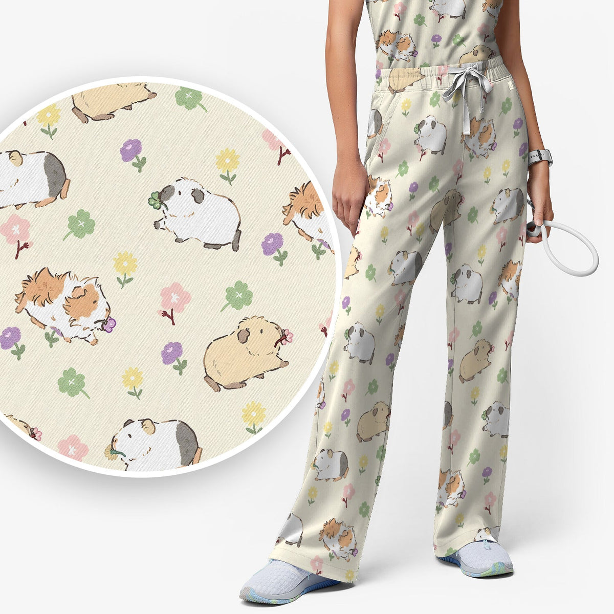 Cozy Guinea Pig Floral Doodle Nurse Scrub Set