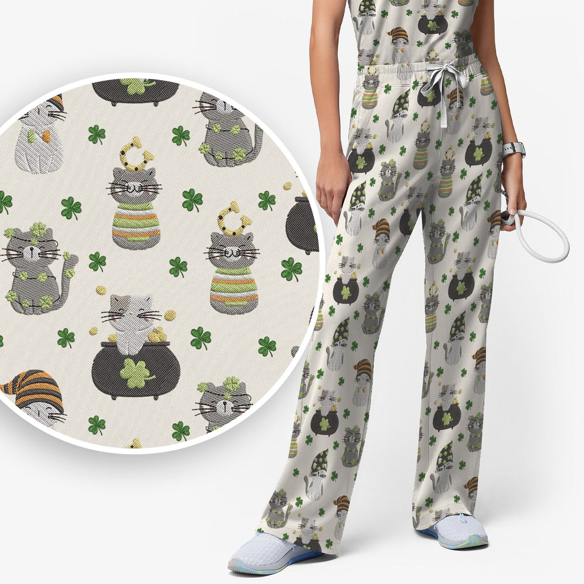 St Patrick Lucky Cat Shamrock Nurse Scrub Set