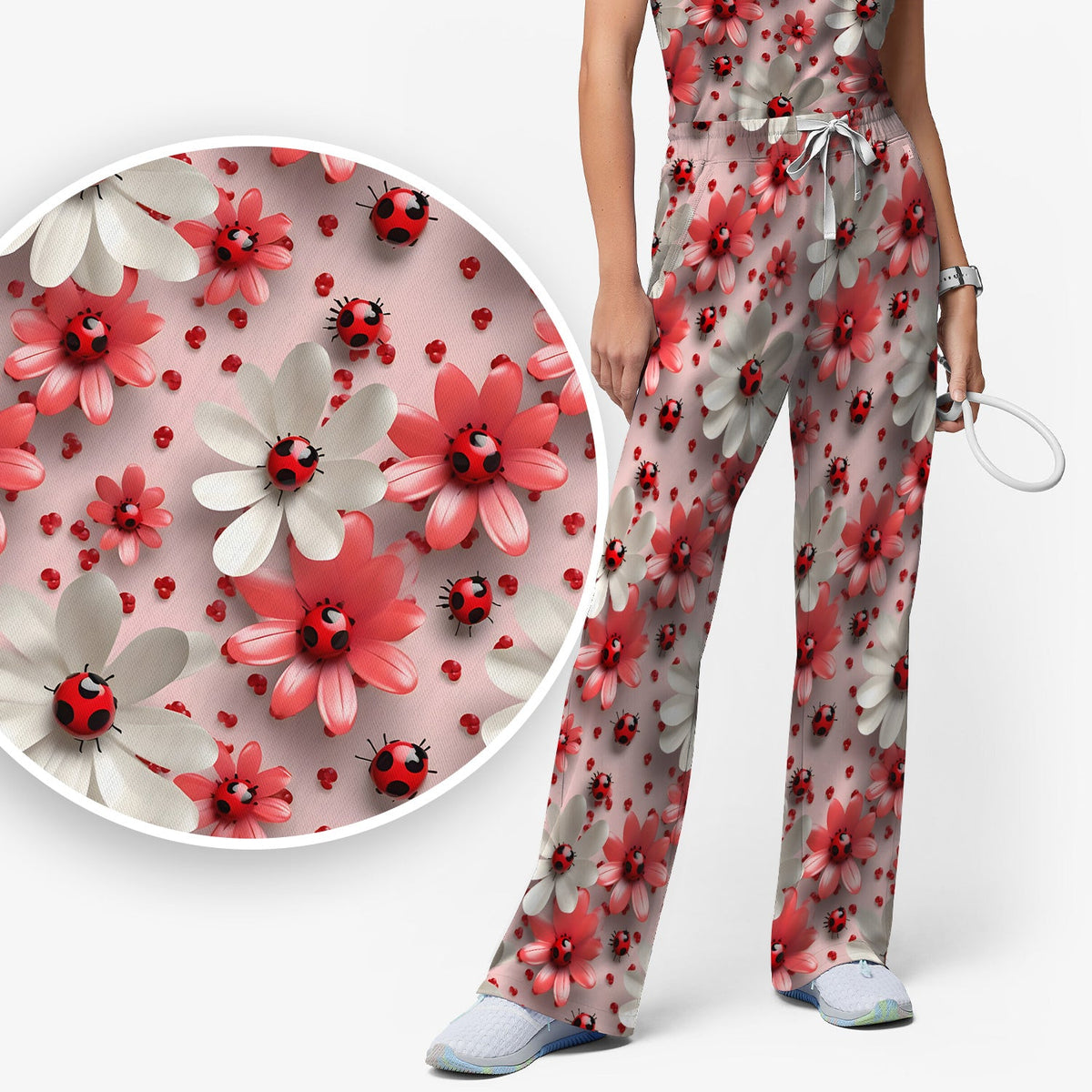 Red Ladybug Flower Nurse Scrub Set