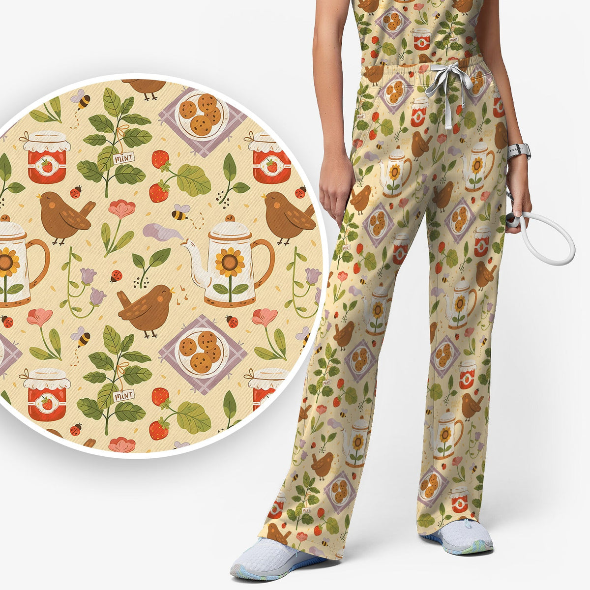 Garden Tea Bird Strawberry Nurse Scrub Set