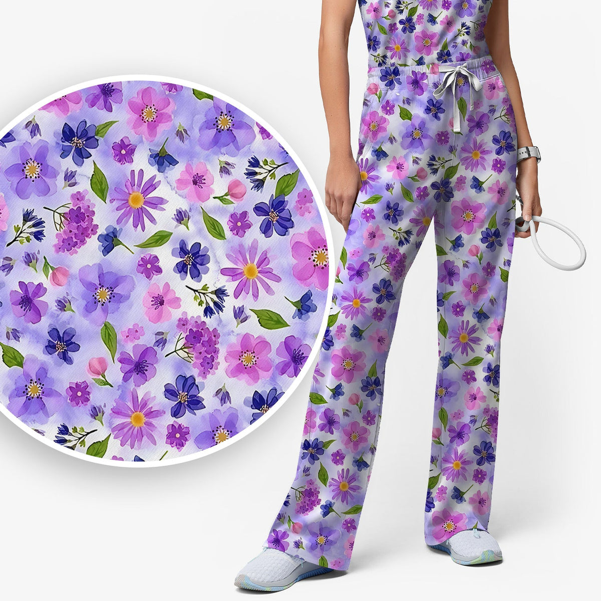 Purple Watercolor Wildflower Bloom Nurse Scrub Set