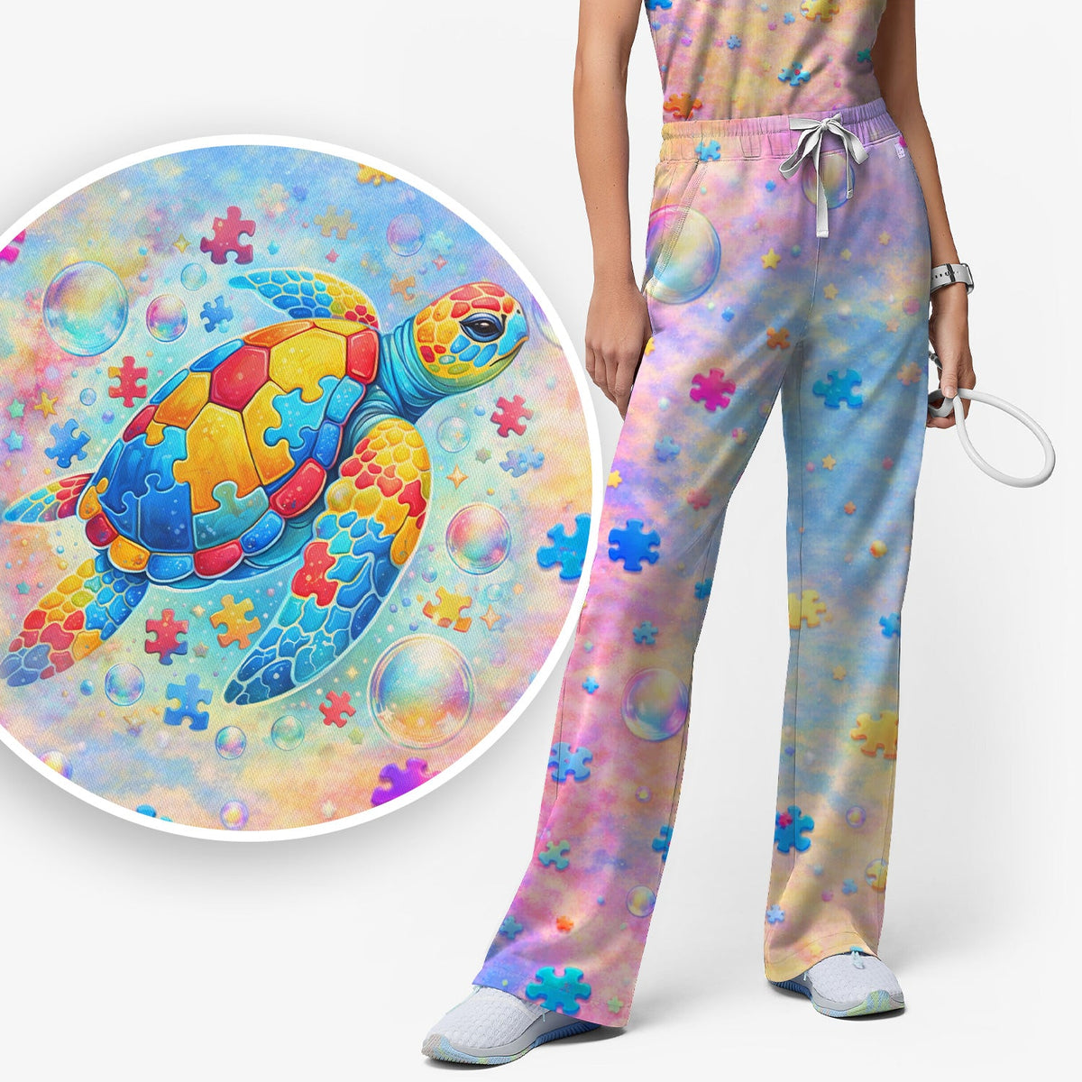 Autism Puzzle Sea Turtle Pastel Rainbow Nurse Scrub Set