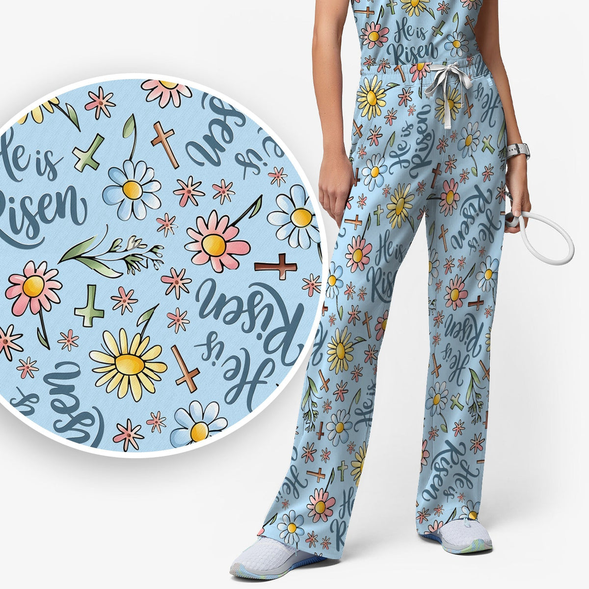 Risen Cross Flower Nurse Scrub Set - Easter Gift