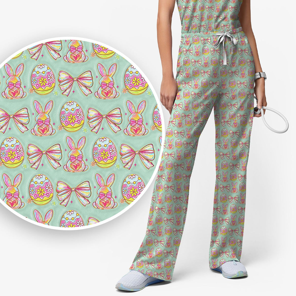 Bunny Pastel Egg Bow Nurse Scrub Set - Easter Gift