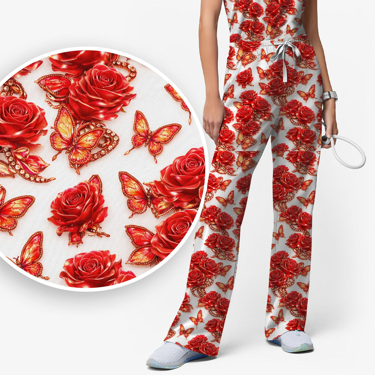 Red Rose And Butterfly Nurse Scrub Set