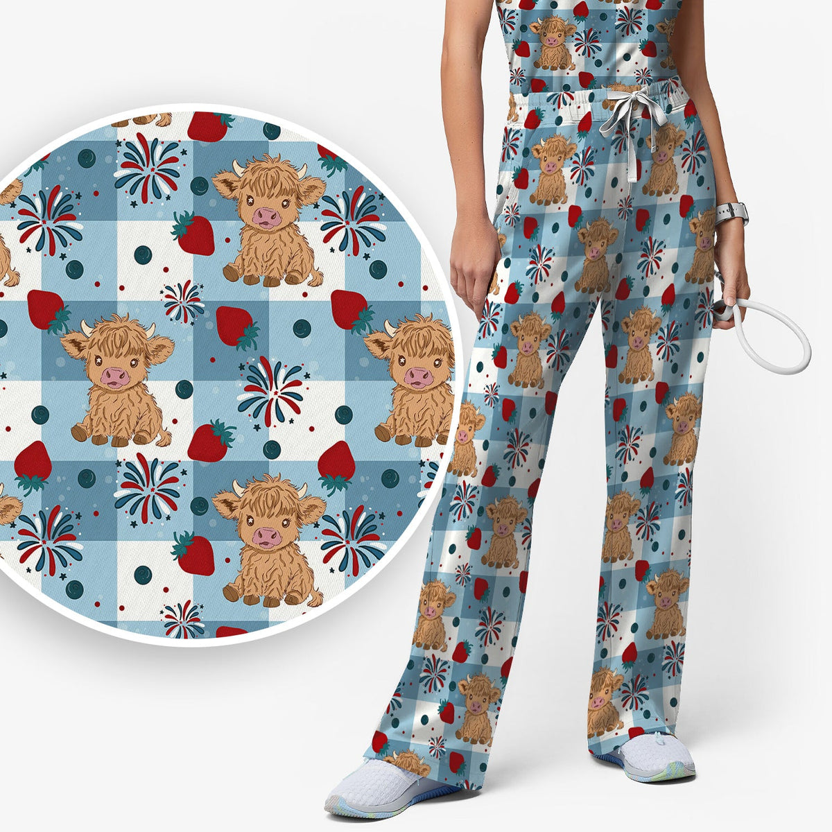 Highland Cow Strawberry Gingham Nurse Scrub Set