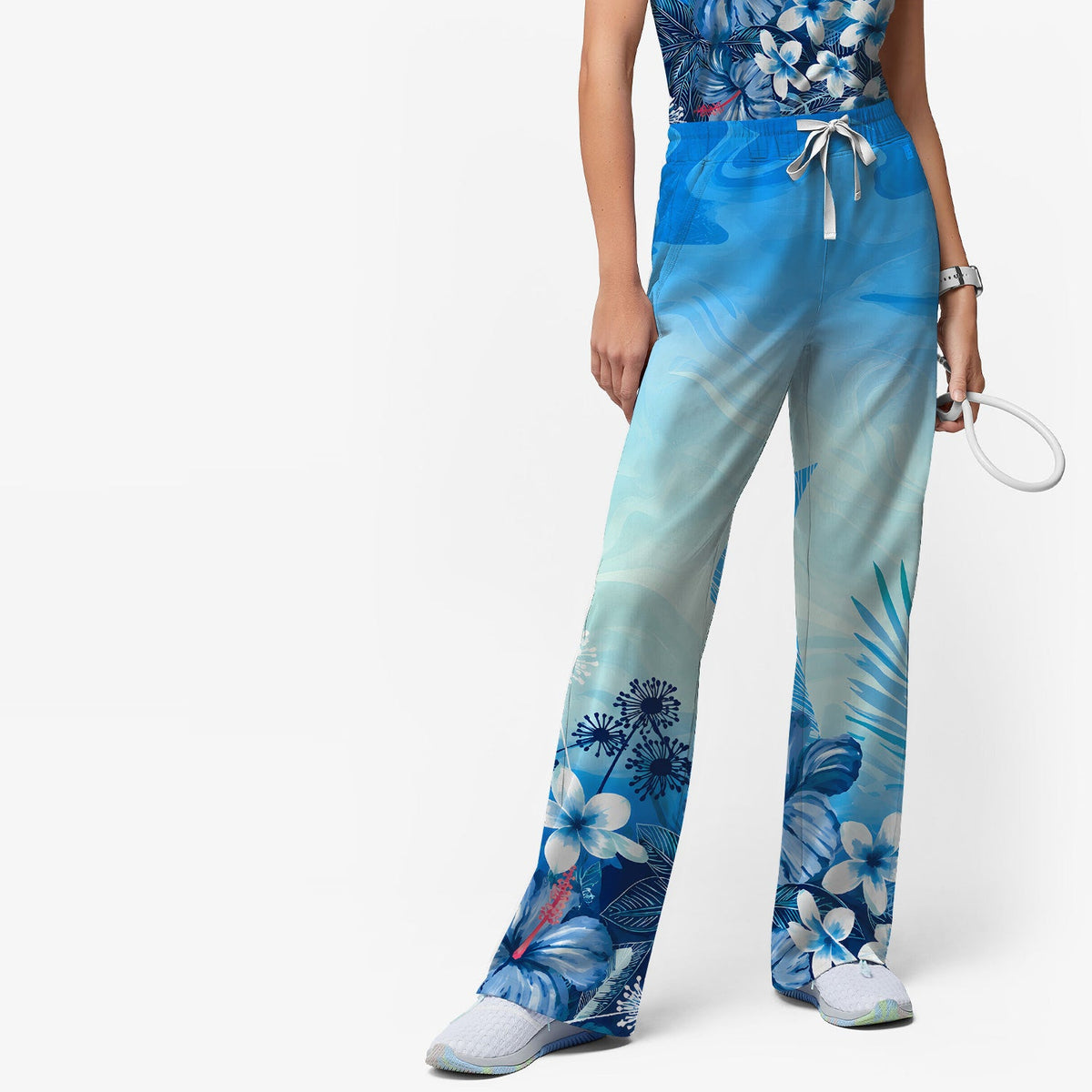 Elegant Blue Tropical Floral Nurse Scrub Set