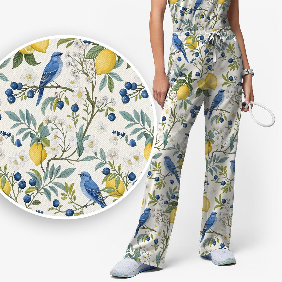 Cute Bluebird Lemon Berry Nurse Scrub Set