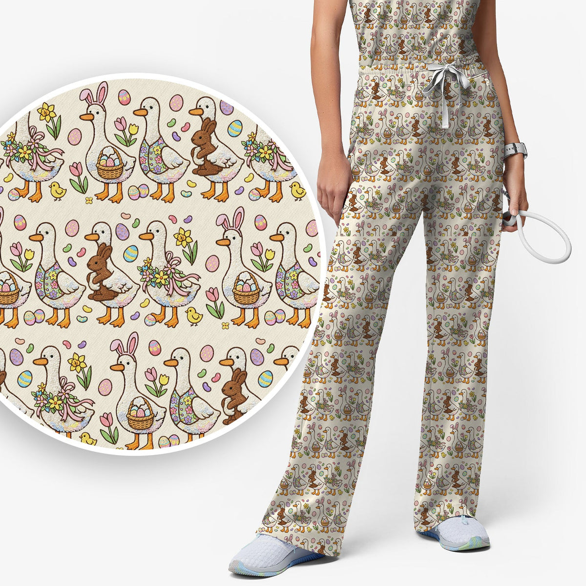 Duck Bunny Egg Floral Nurse Scrub Set - Easter Gift