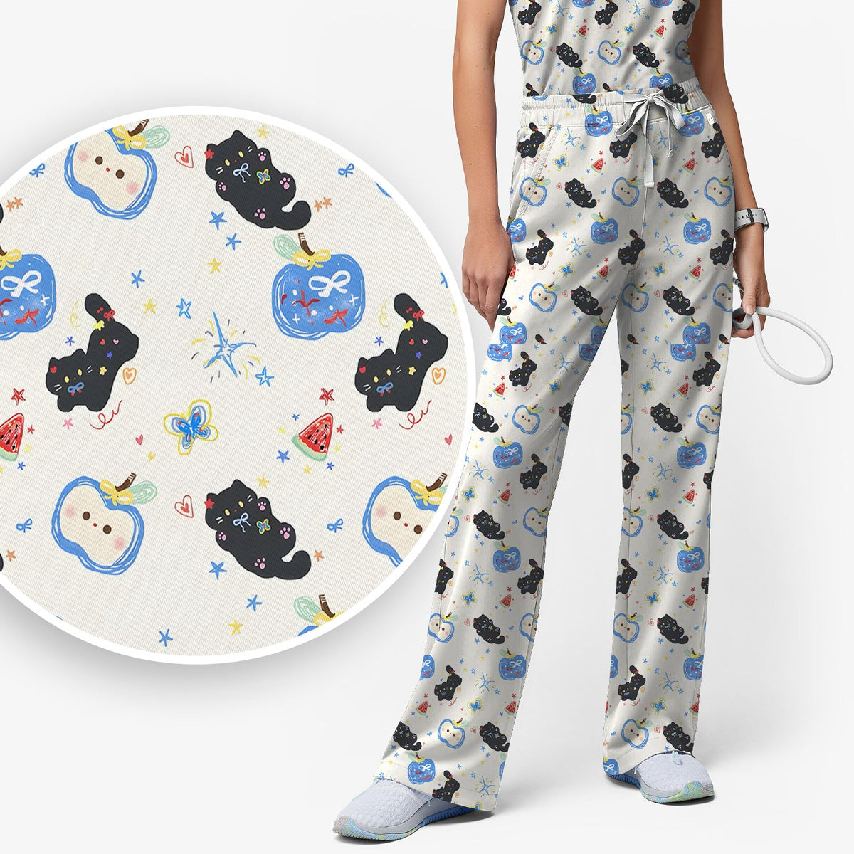 Black Cat Apple Nurse Scrub Top