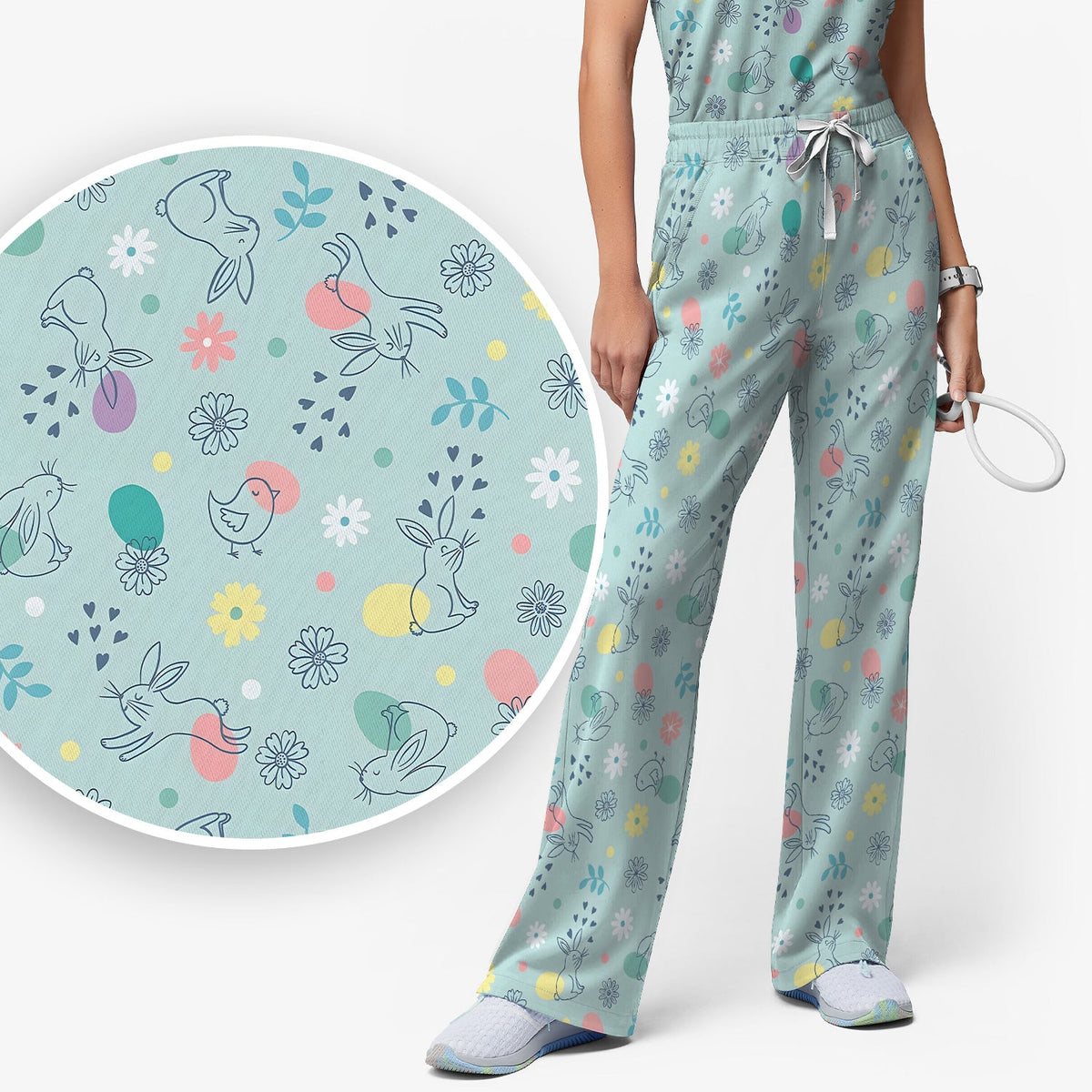 Whimsical Easter Bunny Eggs Nurse Scrub Set