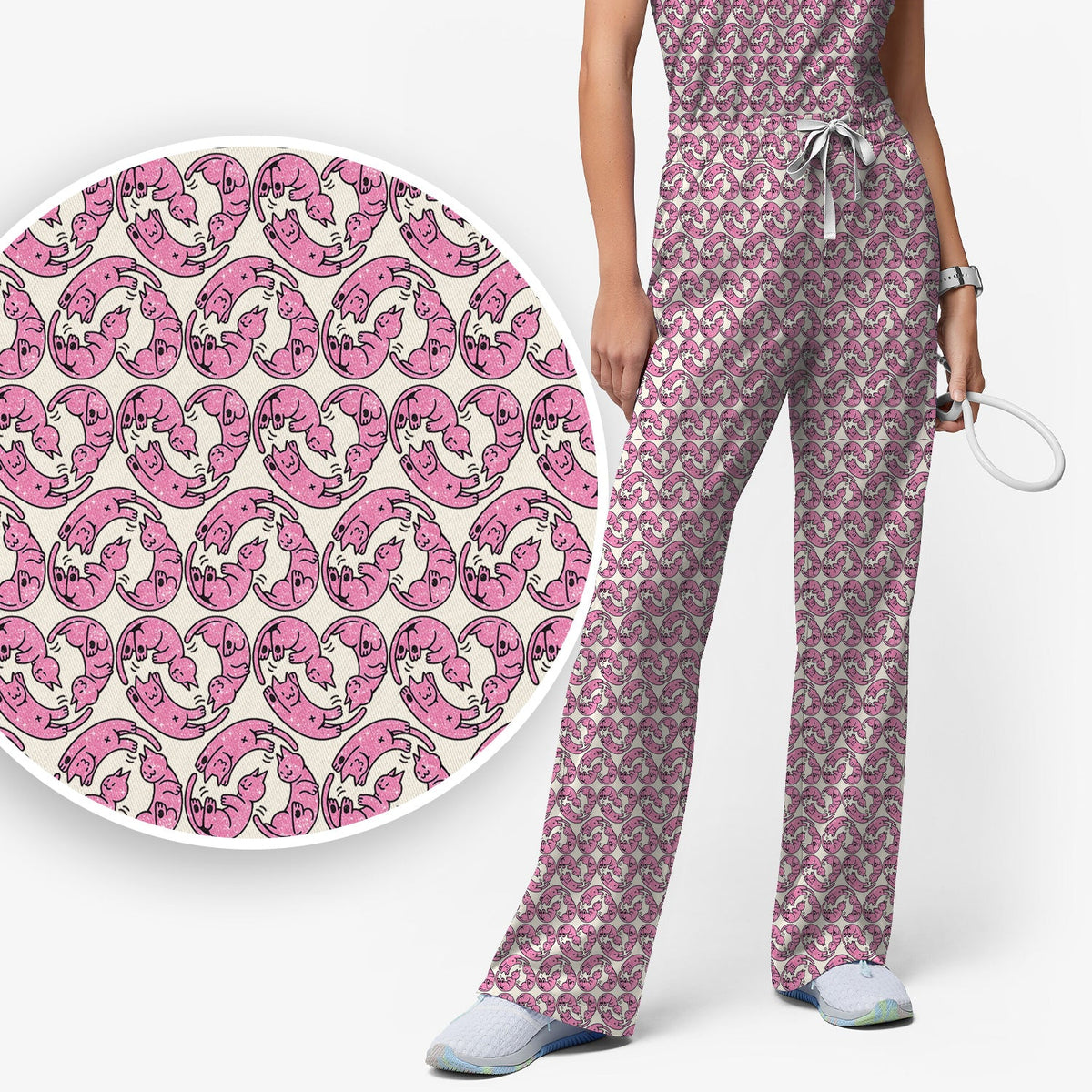 Pink Cat Cartoon Nurse Scrub Set