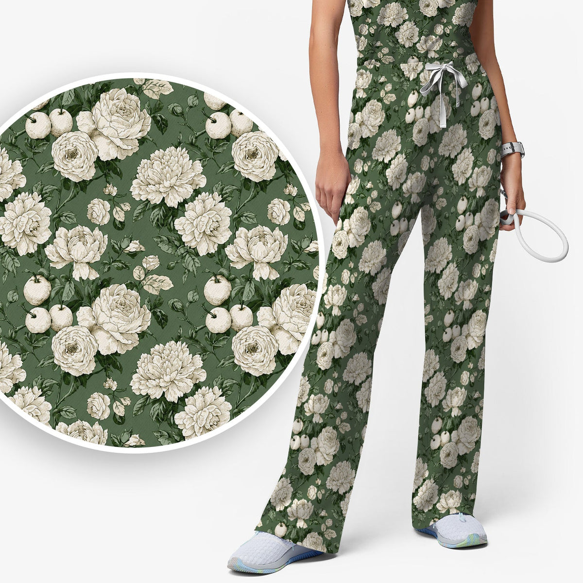 Elegant White Rose Garden Nurse Scrub Set