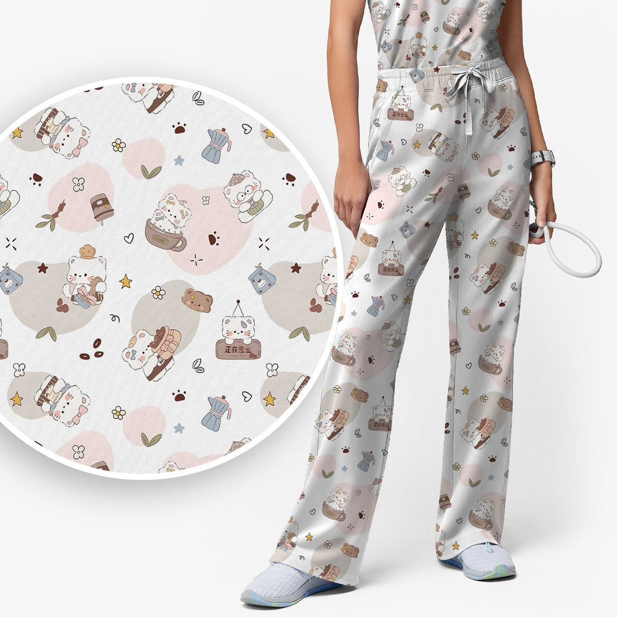Cat With Coffee Paw Heart Nurse Scrub Set