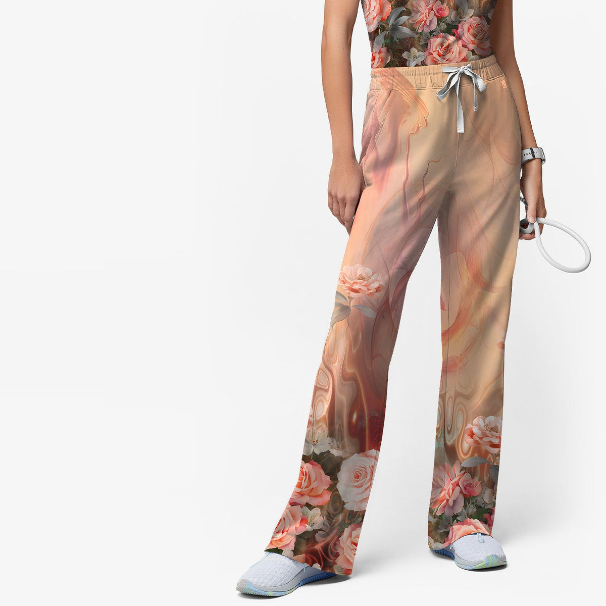 Elegant Peach Marble Rose Nurse Scrub Set