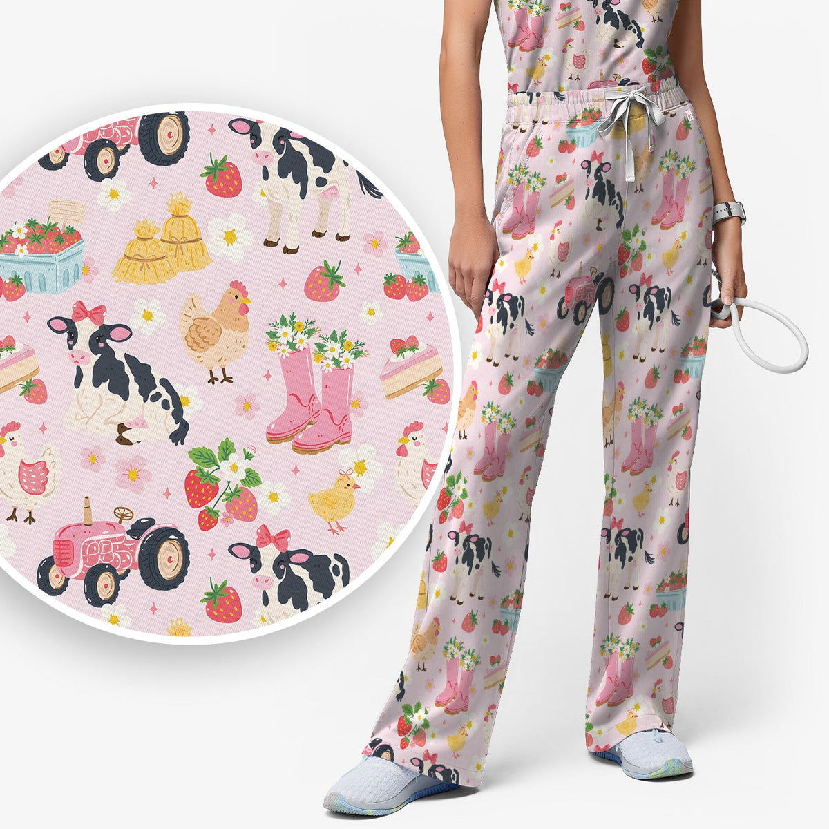 Farm Animals Strawberry Garden Nurse Scrub Set