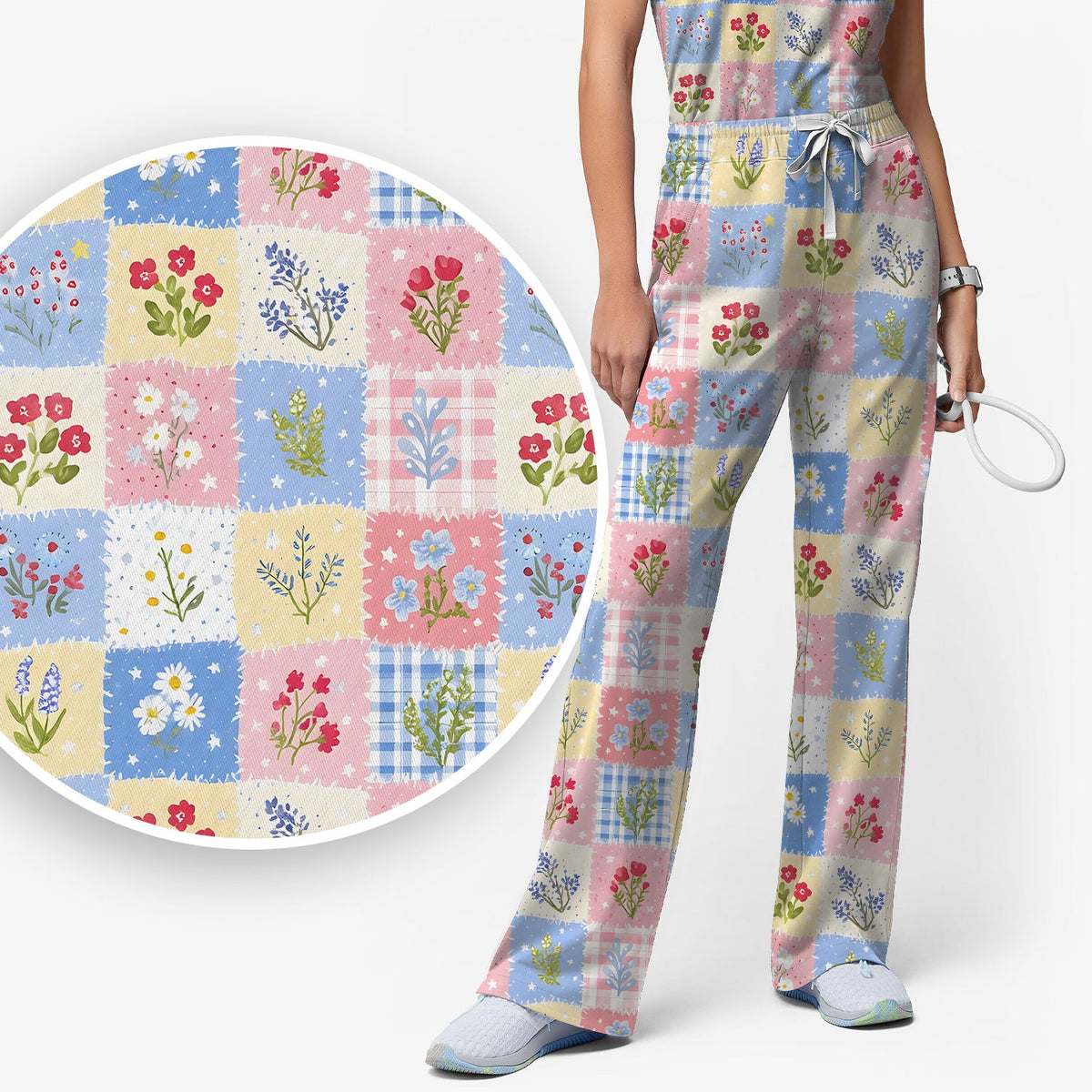 Pastel Patchwork Wildflower Garden Nurse Scrub Set
