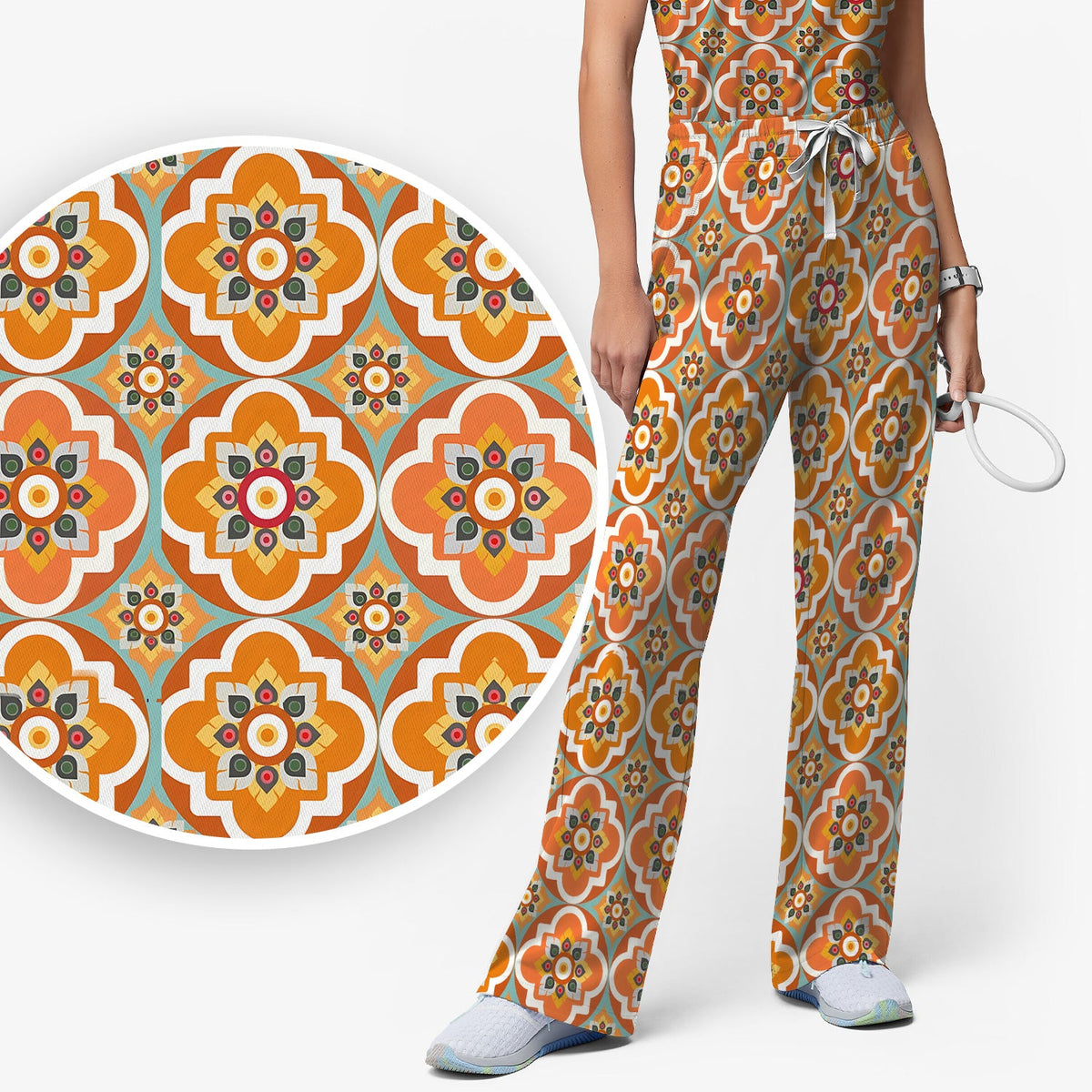 Orange Retro Geometric Floral Nurse Scrub Set