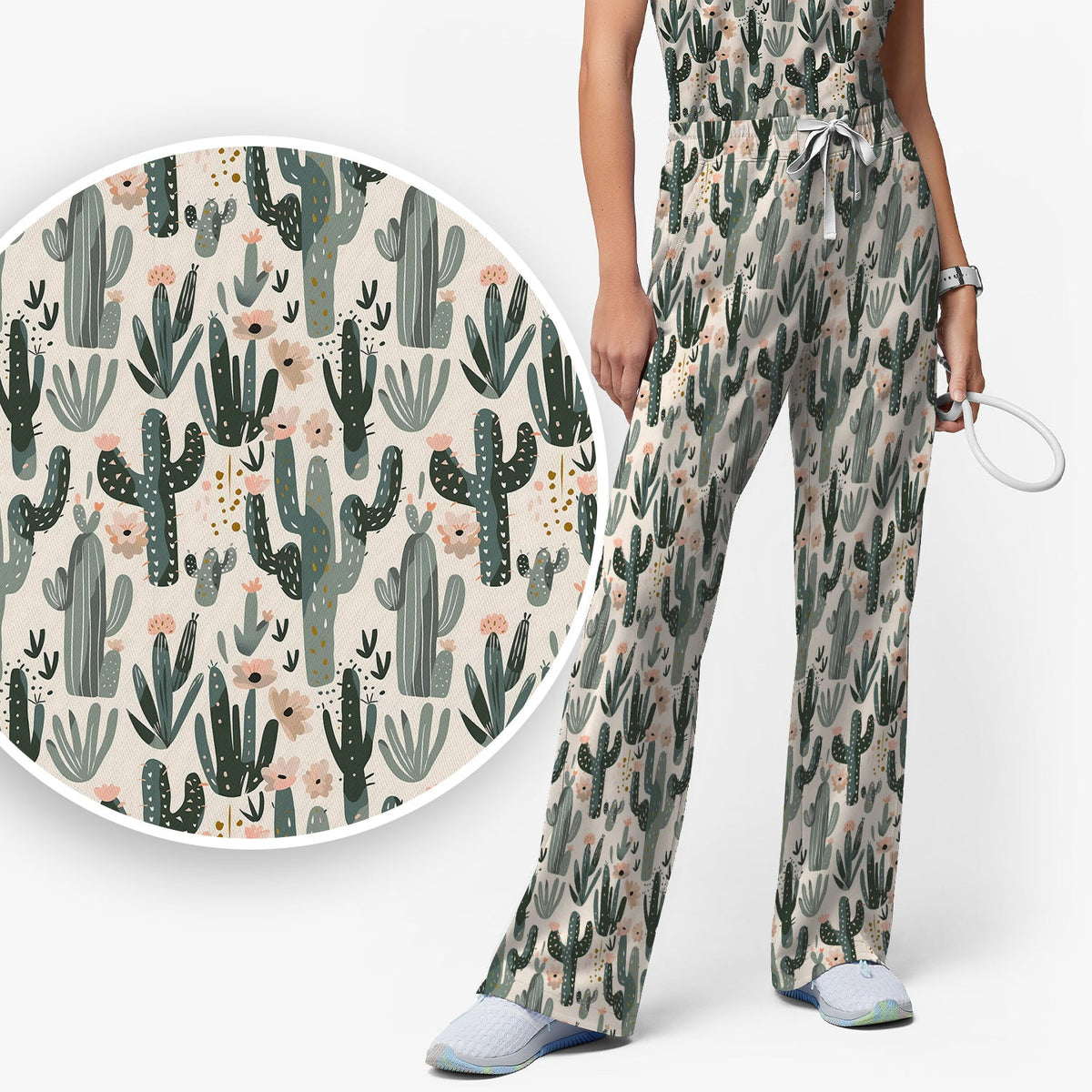 Green Cactus Desert Blossom Nurse Scrub Set