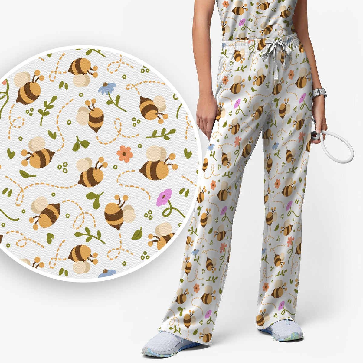 Bee Flying Floral Trail Garden Nurse Scrub Set