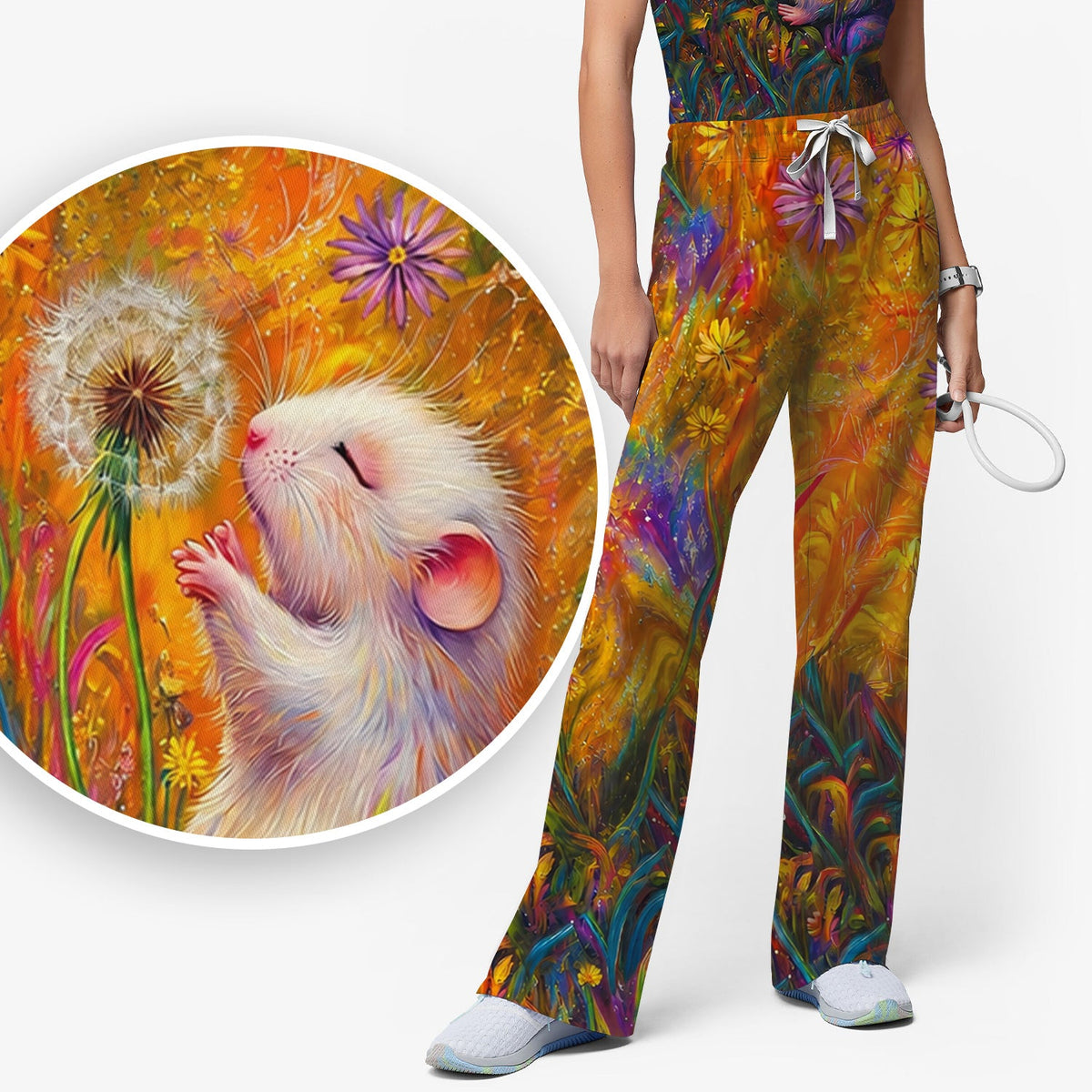 Whimsical Mouse Dandelion Nurse Scrub Set