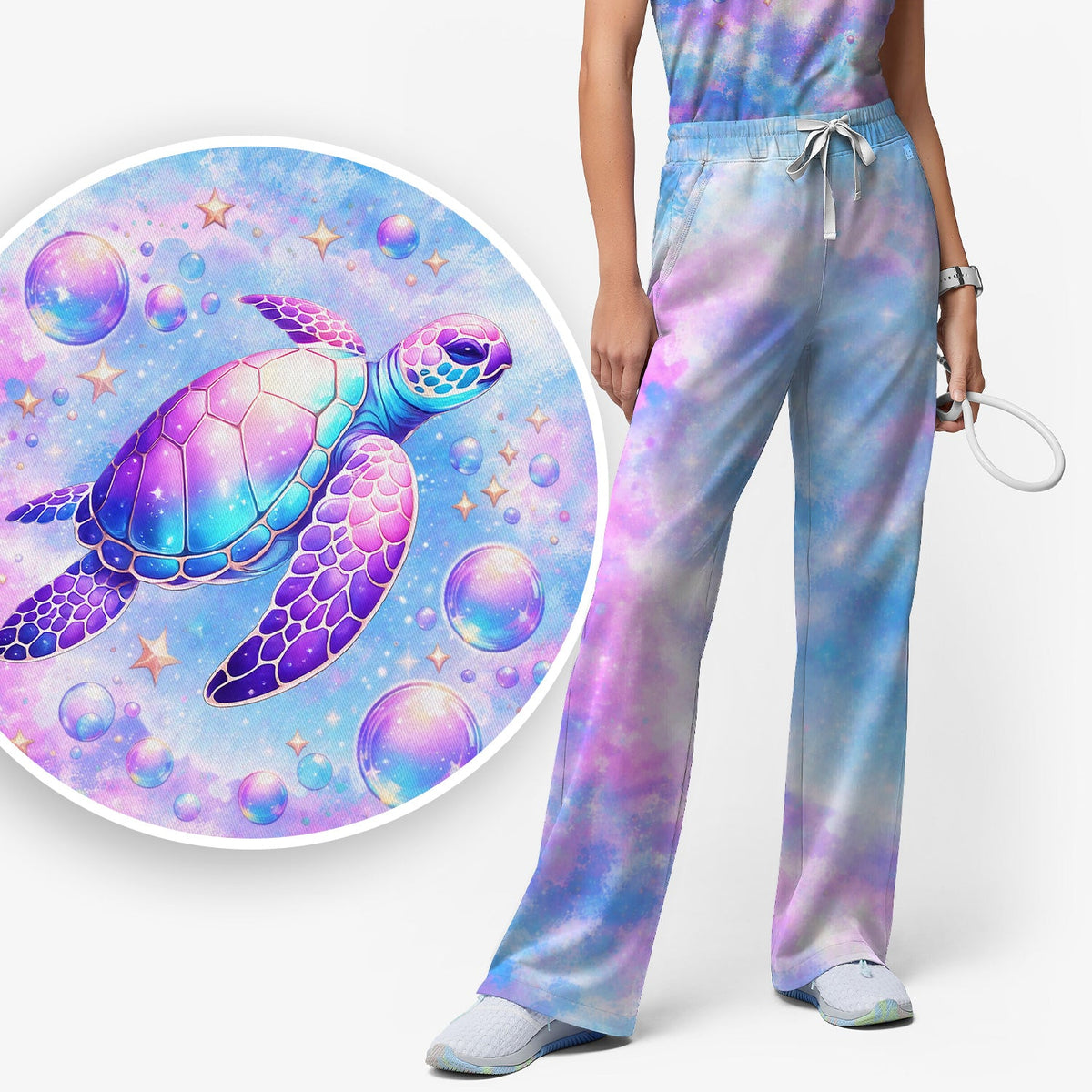 Pastel Galaxy Sea Turtle Bubble Art Scrub Set, Scrub Pants and V Neck Top