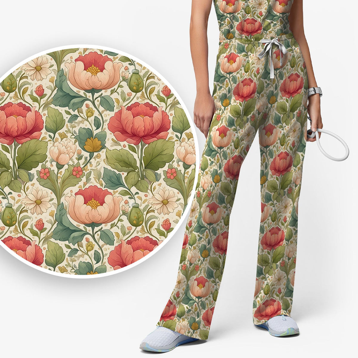 Vintage Botanical Peony Floral Nurse Scrub Set