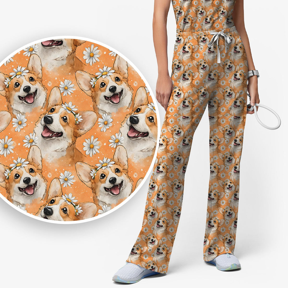 Corgi Daisy Floral Orange Nurse Scrub Set