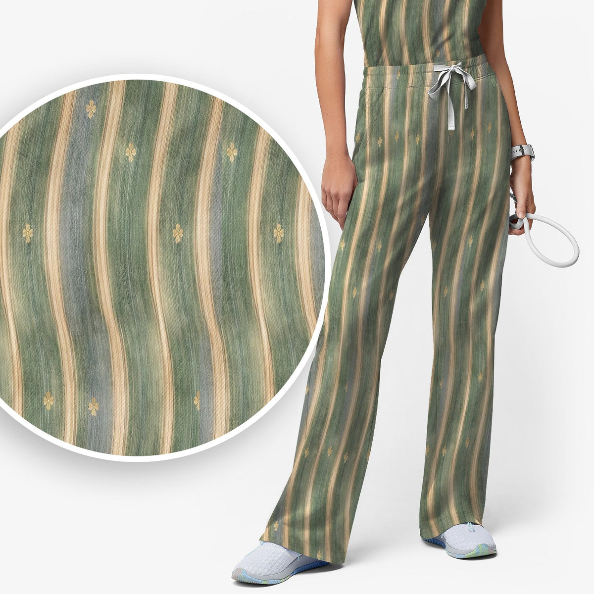 Nurse Green Vertical Stripe Floral Scrub Set