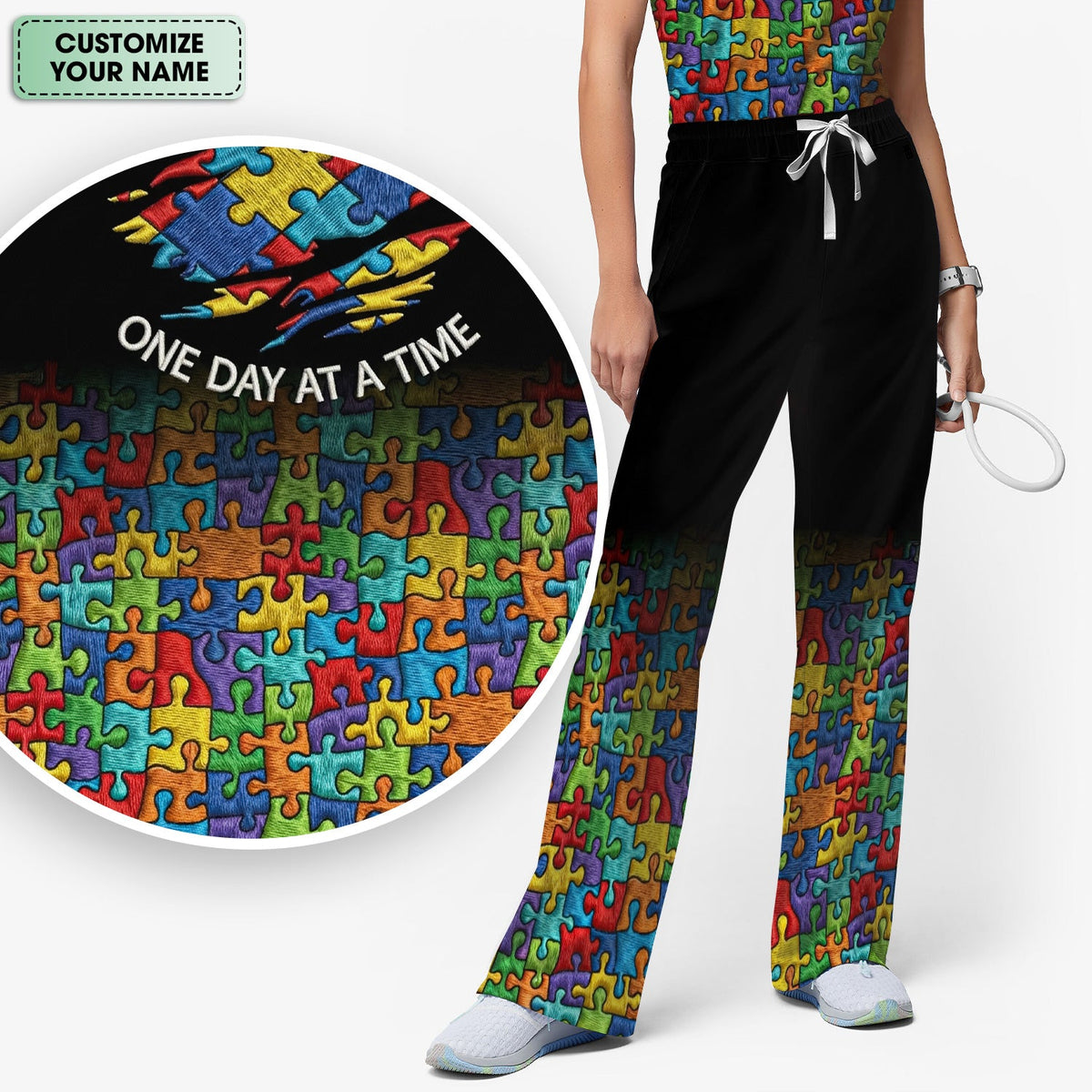 Personalized Autism Puzzle One Day At A Time Nurse Scrub Set