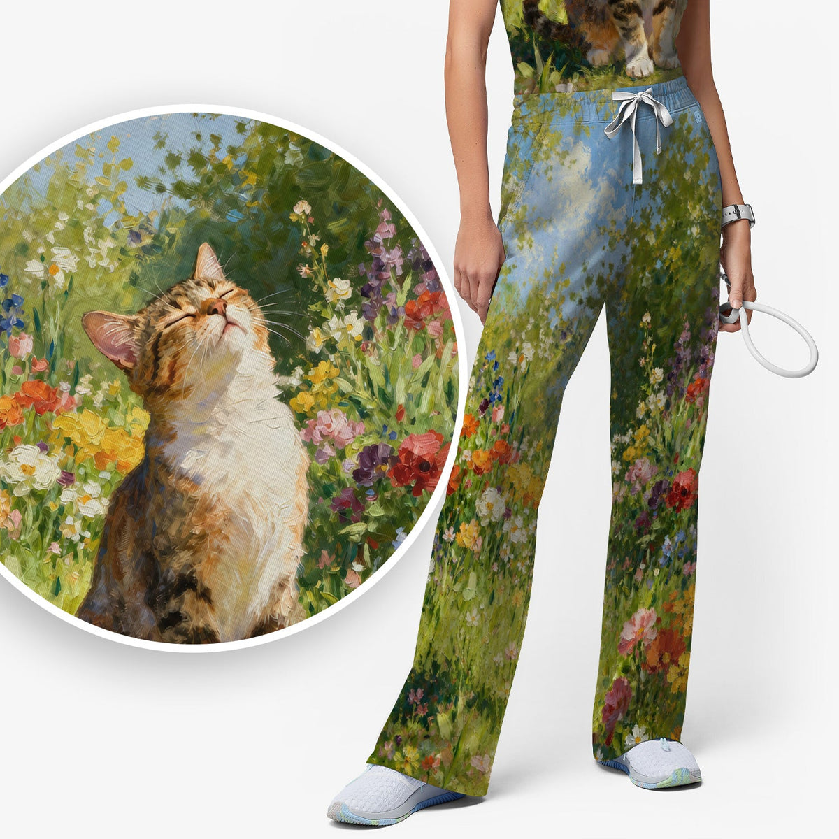 Whimsical Garden Cat Blossom Nurse Scrub Set