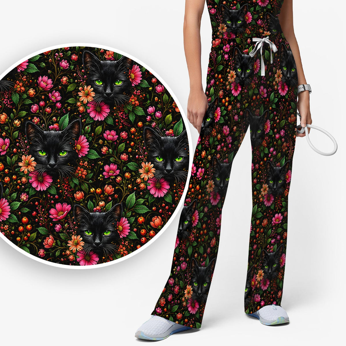 Adorable Black Cat Blossom Nurse Scrub Set
