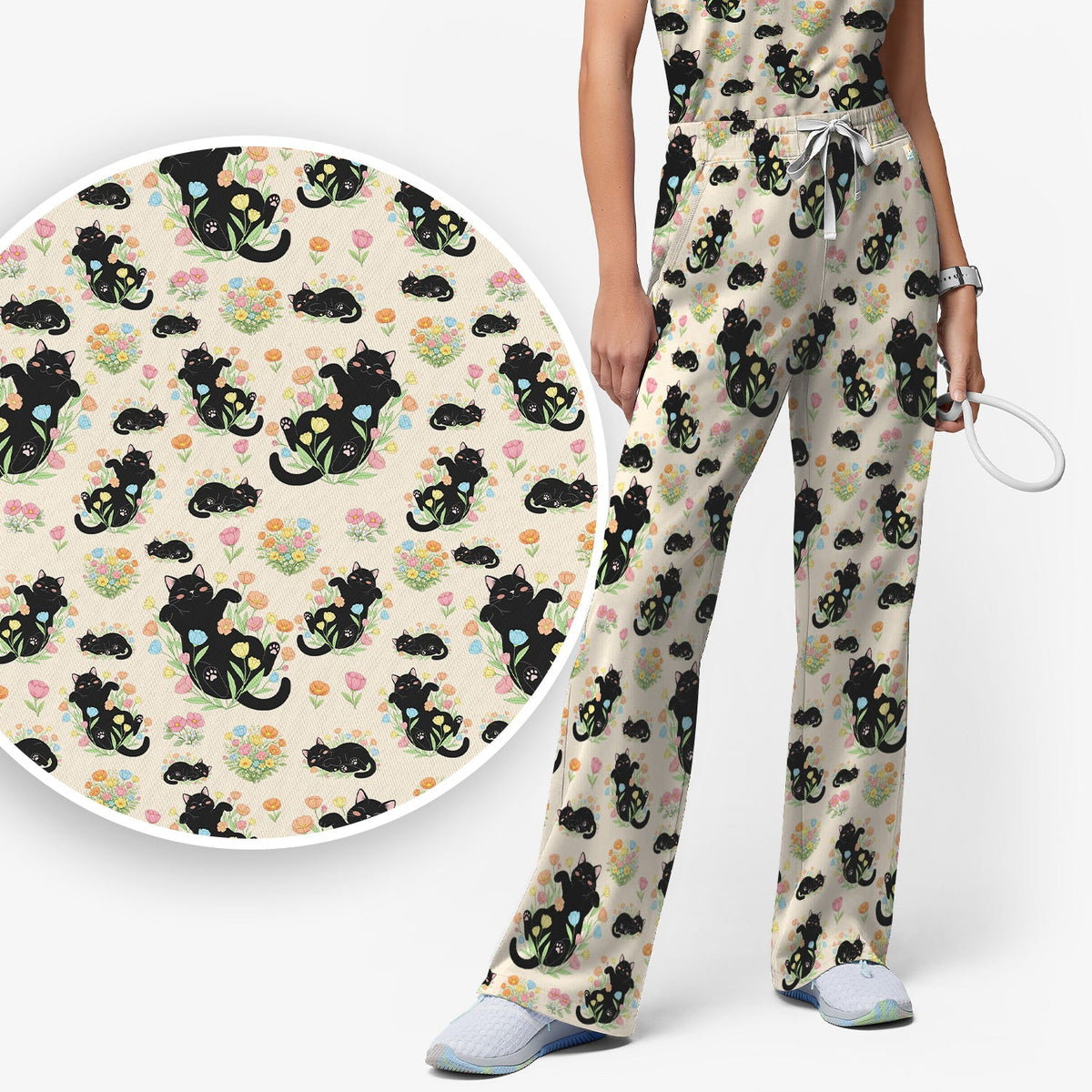 Cats Cute Poses Floral Nurse Scrub Set
