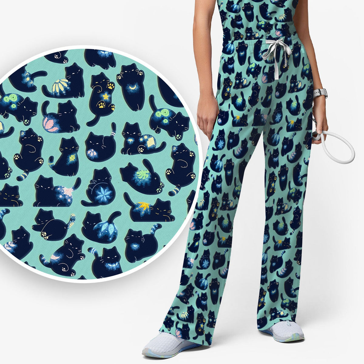 Midnight Black Cat Nurse Scrub Set