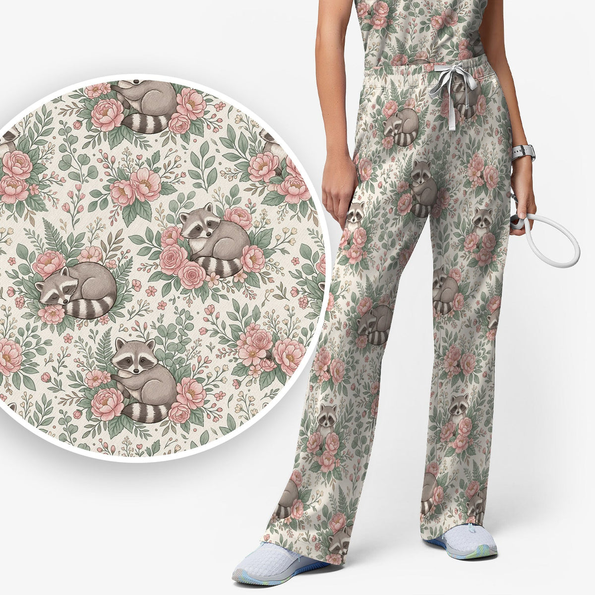 Sleeping Raccoon Rose Garden Nurse Scrub Set