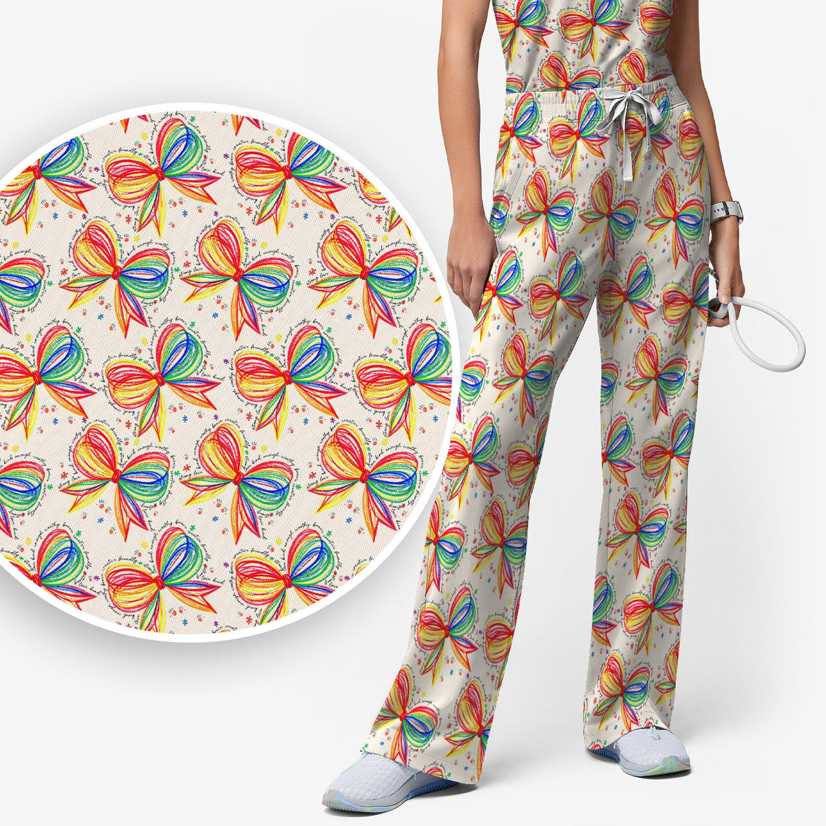 Colorful Rainbow Bow Nurse Scrub Set