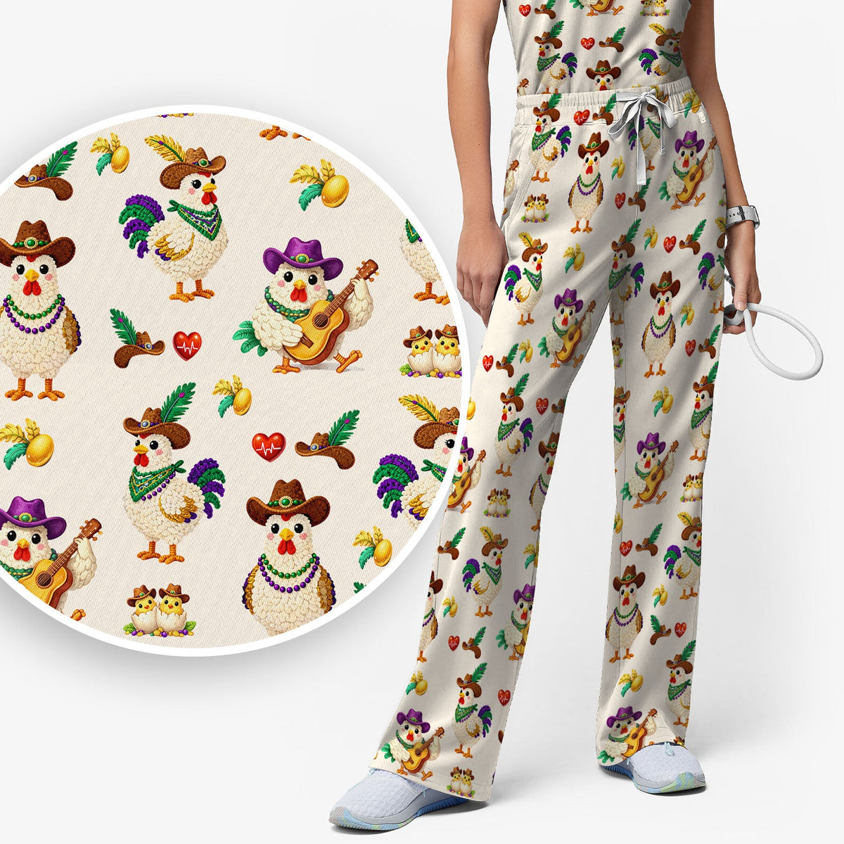 Mardi Gras Rooster Cowboy Nurse Scrub Set