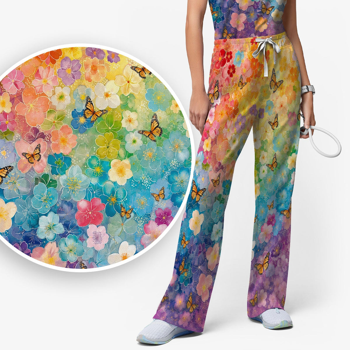 Rainbow Butterfly Floral Blossom Nurse Scrub Set