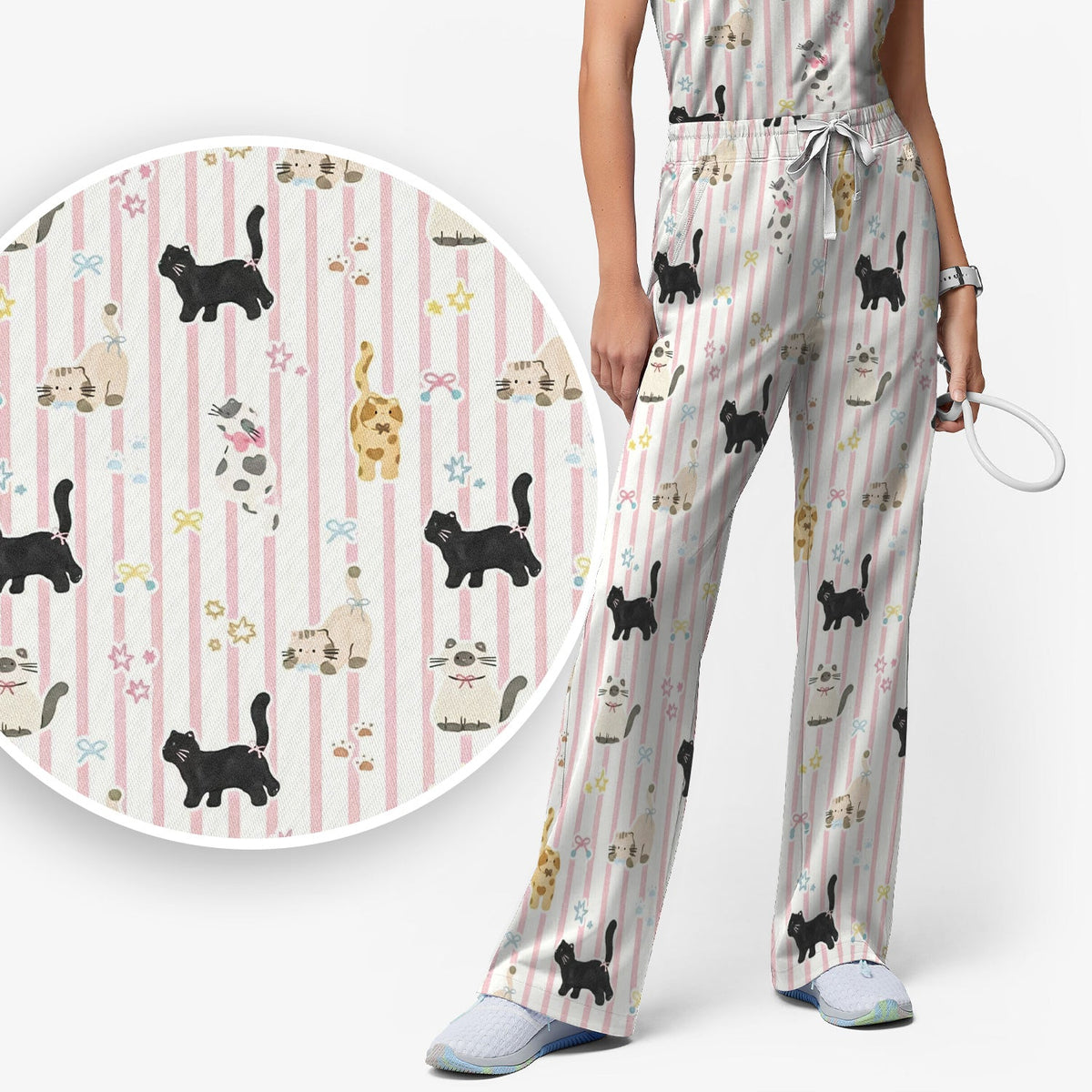 Playful Cat Stripe Ribbon Nurse Scrub Set