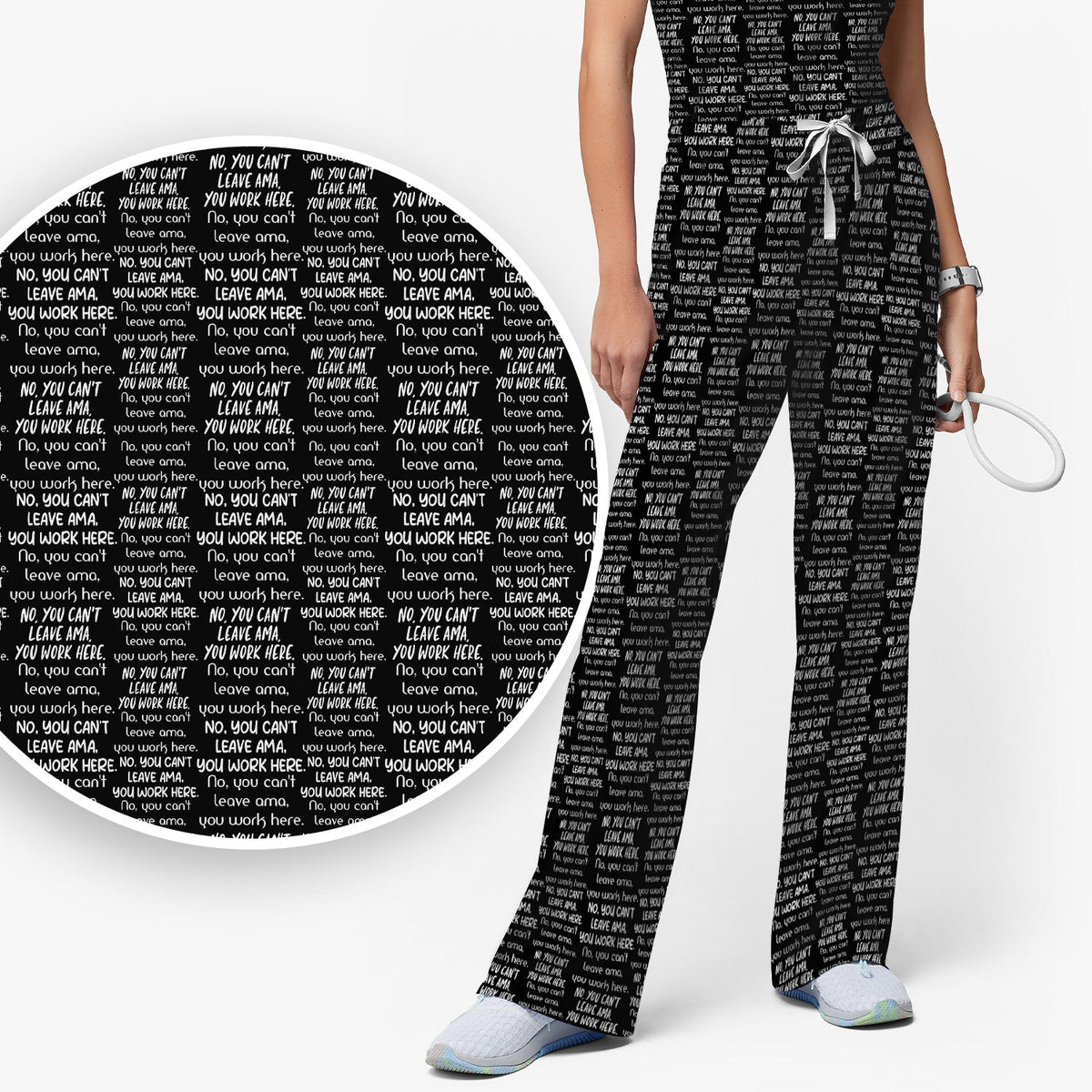 Funny Repeating Nurse Work Quote Text Pattern Scrub Set, Scrub Pants and V Neck Top