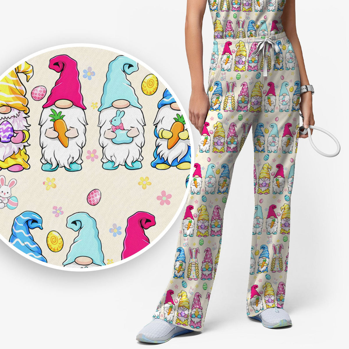 Colorful Easter Gnome Bunny Eggs Nurse Scrub Set
